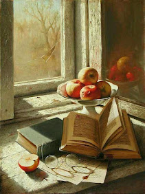 unknown: Pintura de natureza-morta em uma janela com livros abertos, óculos, maçãs em uma fruteira e iluminação solar.