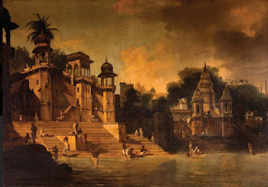 William Hodges: Pintura a óleo retratando uma cena de ghats em Benares (Varanasi), Índia, com templos e pessoas na margem do rio Ganges.
