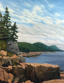Pintura de uma paisagem costeira com penhascos rochosos, pinheiros e mar.