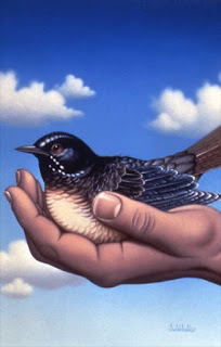 null: Pintura surrealista ou ilustração de um pássaro pequeno sendo segurado por mãos humanas contra um céu azul com nuvens.