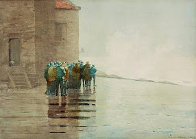 Winslow Homer: Pintura em aquarela retratando um grupo de pescadores ou marinheiros em pé sobre um cais úmido ao lado de um edifício de pedra sob neblina.