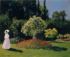 Jeanne-Marguerite Lecadre: Uma pintura impressionista de uma mulher com um guarda-sol em um jardim florido.