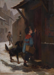 Pintura a óleo de uma criança com um cesto e um cão batendo à porta numa rua com neve.
