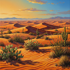 unknown: Uma ilustração digital de uma paisagem de deserto com dunas de areia, cactos variados e montanhas ao fundo sob um céu de pôr do sol.