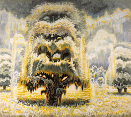 Charles Burchfield: Pintura a óleo de estilo expressionista representando árvores com tons vibrantes de amarelo e cinza, sugerindo luminosidade ou aura.