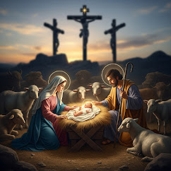 Maria, José e Jesus: Representação artística digital da Natividade de Jesus com Maria, José e ovelhas, tendo ao fundo a silhueta de três cruzes no topo de um monte sob o pôr do sol.