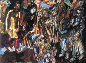 António Dacosta: Pintura expressionista intitulada A Cidade (Die Stadt) de 1928, retratando figuras humanas alongadas e distorcidas em um cenário urbano denso e sombrio.