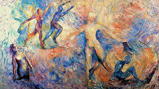 Pintura a óleo de estilo expressionista ou abstrato representando figuras humanas em movimento imersas em cores vibrantes e pinceladas fluidas.