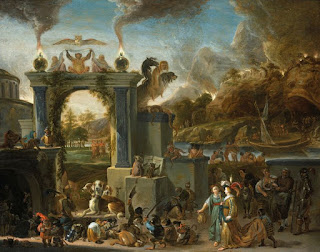 David Teniers o Jovem (atribuído): Pintura a óleo de estilo barroco retratando uma cena mitológica ou alegórica com figuras clássicas, macacos antropomorfizados, um cão de três cabeças (Cérbero) e arquitetura antiga sob um céu nublado.