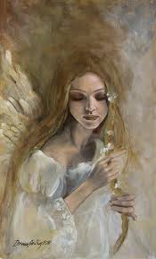 unknown: Pintura artística de uma figura angelical com asas, cabelos loiros e olhos fechados, segurando um ramo de flores.