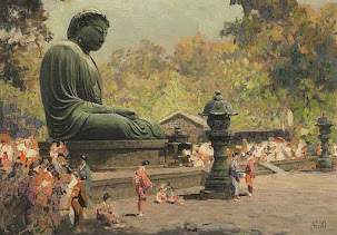 Pintura a óleo retratando o Grande Buda de Kamakura (Kotoku-in) no Japão, com pessoas ao redor vestindo trajes tradicionais.