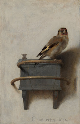 Pintura a óleo de um pintassilgo pousado sobre seu comedouro, de autoria de Carel Fabritius