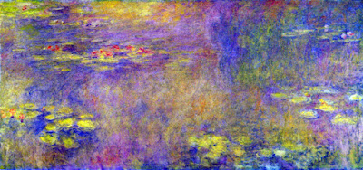 Claude Monet: Pintura impressionista representando um lago com ninféias (vitórias-régias) com pinceladas visíveis em tons de roxo, azul e amarelo.
