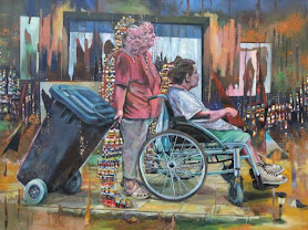 Pintura realista contemporânea retratando uma mulher empurrando uma lixeira e outra pessoa em uma cadeira de rodas.