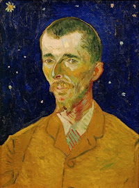 Pintura a óleo de Vincent van Gogh intitulada 'Retrato de Eugène Boch', também conhecida como 'O Poeta', apresentando um homem com barba sobre um fundo azul estrelado.