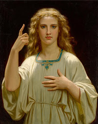 Innocentia (de William-Adolphe Bouguereau): Pintura a óleo de uma mulher jovem com cabelos loiros longos, vestindo uma túnica branca, com uma mão no peito e a outra apontando para cima.
