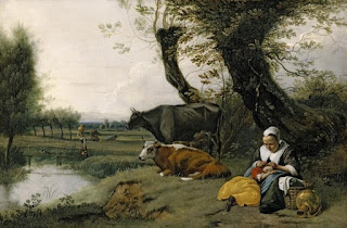 Pintura a óleo de uma cena rural com uma mulher cuidando de uma criança sob árvores, com vacas e um riacho ao fundo.