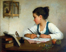 Pintura clássica de uma menina escrevendo em uma mesa com livros, um pássaro e uma gaiola ao fundo.