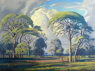 Jacob Hendrik Pierneef: Pintura a óleo de uma paisagem com árvores de copas largas sob um céu nublado
