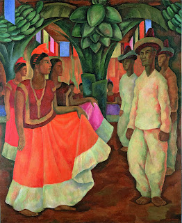 Uma pintura a óleo retratando figuras humanas em trajes tradicionais sob bananeiras, possivelmente uma representação de dança folclórica latino-americana.