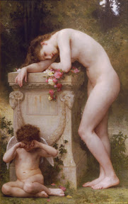 William-Adolphe Bouguereau (artista): Pintura clássica de uma mulher nua debruçada sobre um pedestal com flores, ao lado de um pequeno cupido chorando.