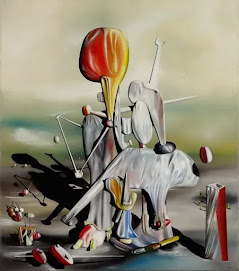 Pintura surrealista com formas abstratas e biomórficas em uma paisagem desértica.