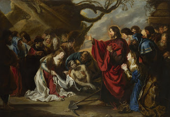 Jesus Cristo: Pintura a óleo barroca representando a ressurreição de Lázaro por Jesus Cristo rodeado por uma multidão.