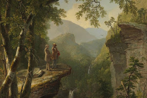 Asher Brown Durand (Kindred Spirits): Pintura a óleo de dois homens em cima de um rochedo observando uma paisagem montanhosa com florestas e uma cascata.