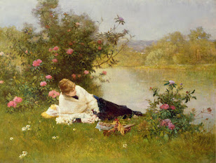 unknown: Pintura a óleo de uma mulher descansando na grama à beira de um lago cercada por flores.