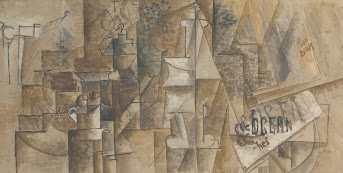 Pintura cubista analítica representando objetos fragmentados e formas geométricas em tons terrosos.