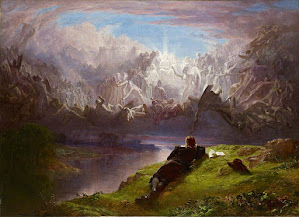 William Shakespeare (representado): Pintura a óleo representando um homem deitado na grama observando uma visão celestial repleta de figuras místicas e luz nas nuvens.