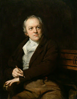William Blake: Retrato a óleo de um homem de meia-idade segurando um lápis, identificado como o poeta e artista William Blake.