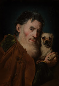 desconhecido: Pintura a óleo de um homem mais velho com barba branca segurando um pequeno cão.