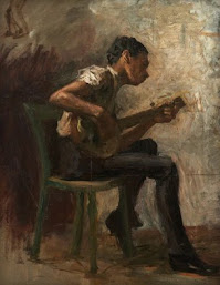 desconhecido: Pintura a óleo retratando um homem sentado em uma cadeira tocando violão ou bandolim.