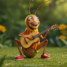 Uma imagem digital 3D de um grilo antropomórfico usando roupas listradas e sapatos vermelhos, tocando um violão em um gramado.