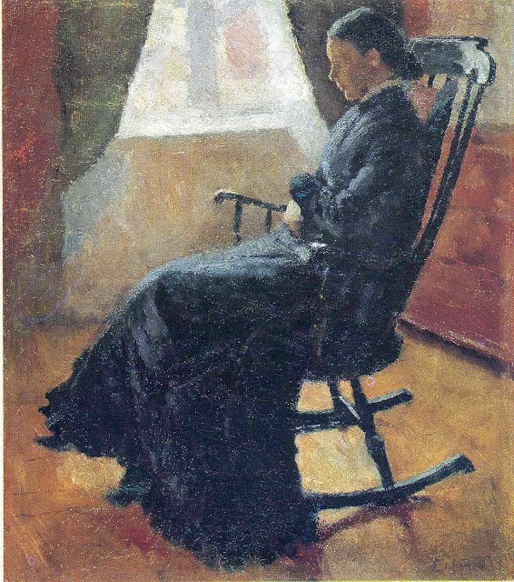 Karen Bjølstad: Pintura a óleo de uma mulher sentada em uma cadeira de balanço perto de uma janela.