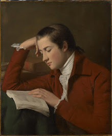 James Ward: Pintura a óleo de um jovem com casaco vermelho lendo um livro.
