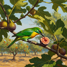 Pintura de um pássaro verde e amarelo comendo um figo em uma figueira.