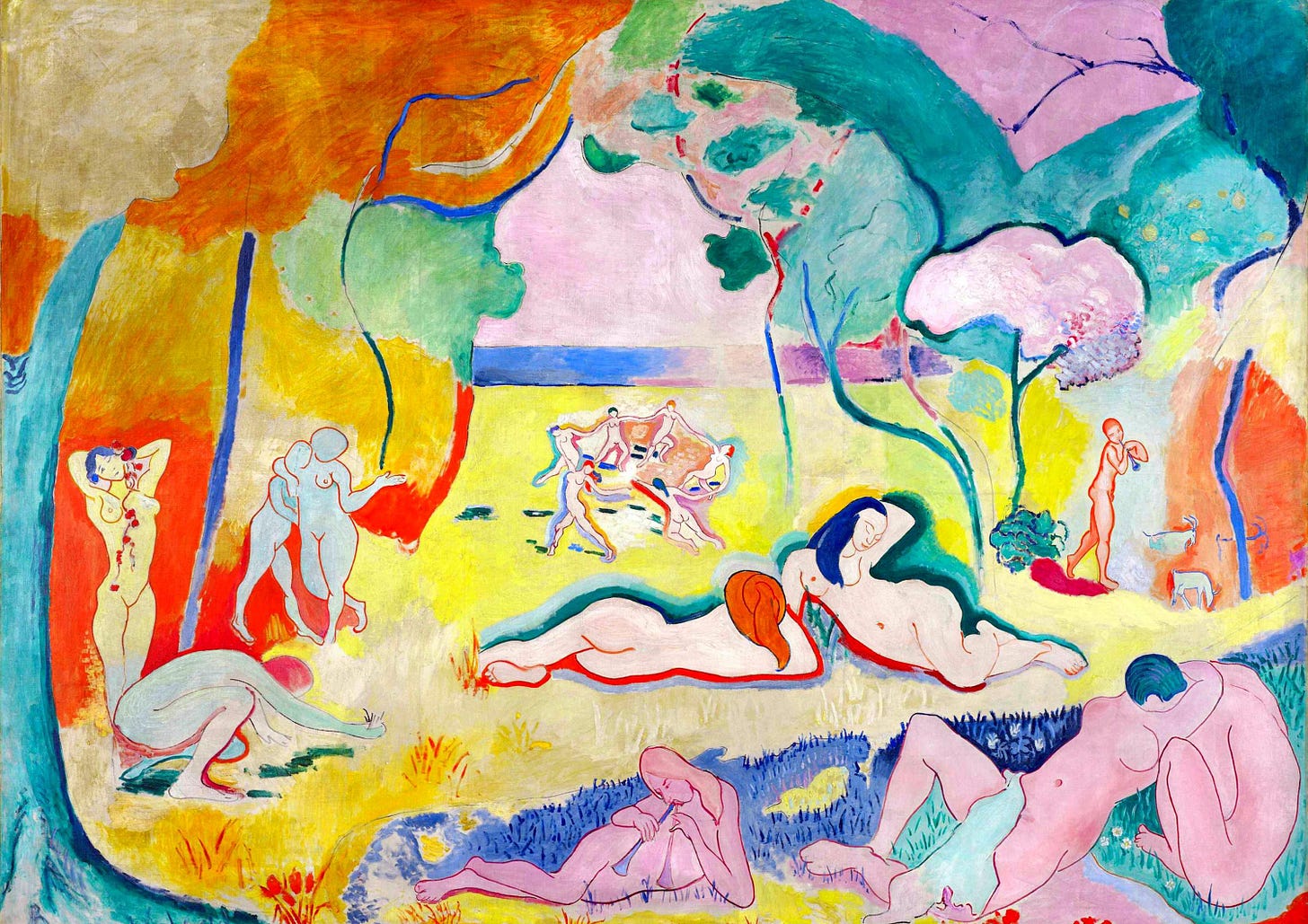 Henri Matisse: Pintura fauvista 'Le Bonheur de Vivre' (A Alegria de Viver) retratando figuras nuas em uma paisagem colorida e idílica.