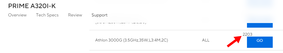 Screenshot of ASUS support page saying ASUS Prime A320I-K supports Athlon 3000G at version 2203