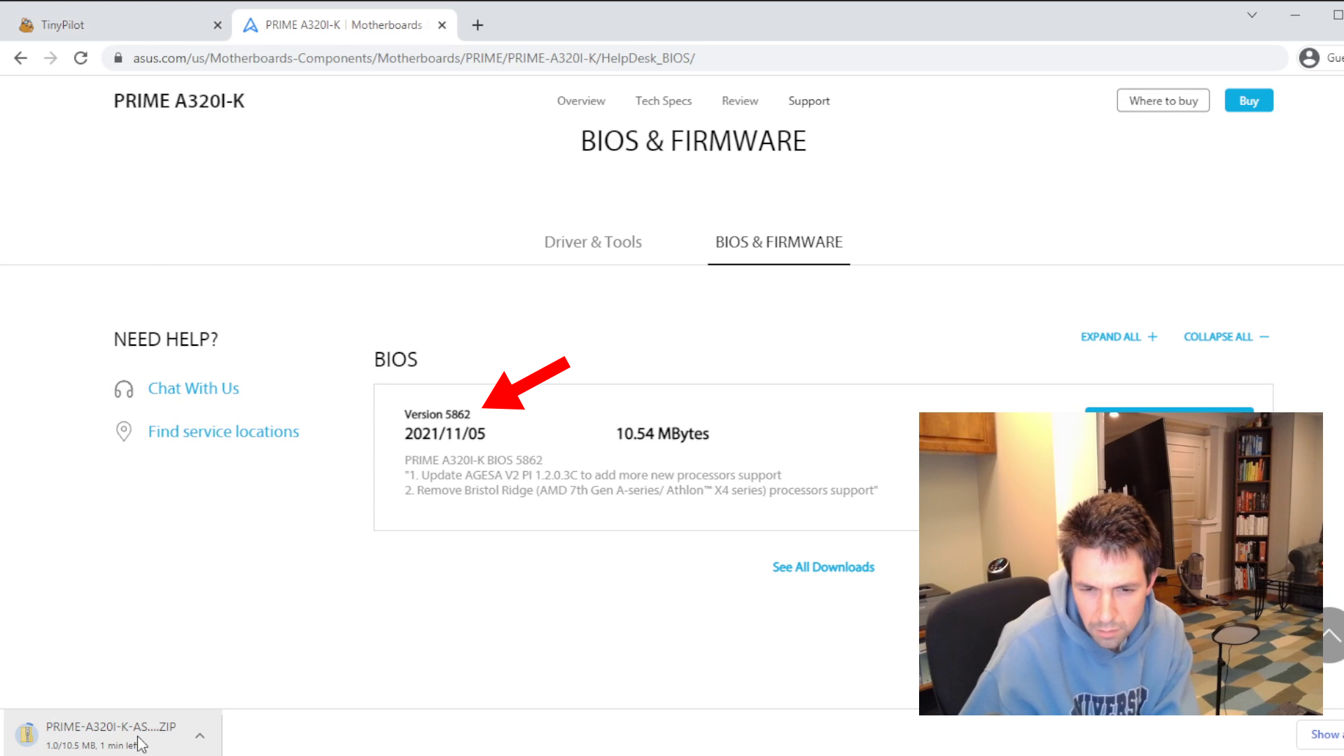 Screenshot of ASUS website showing BIOS version 5862 available