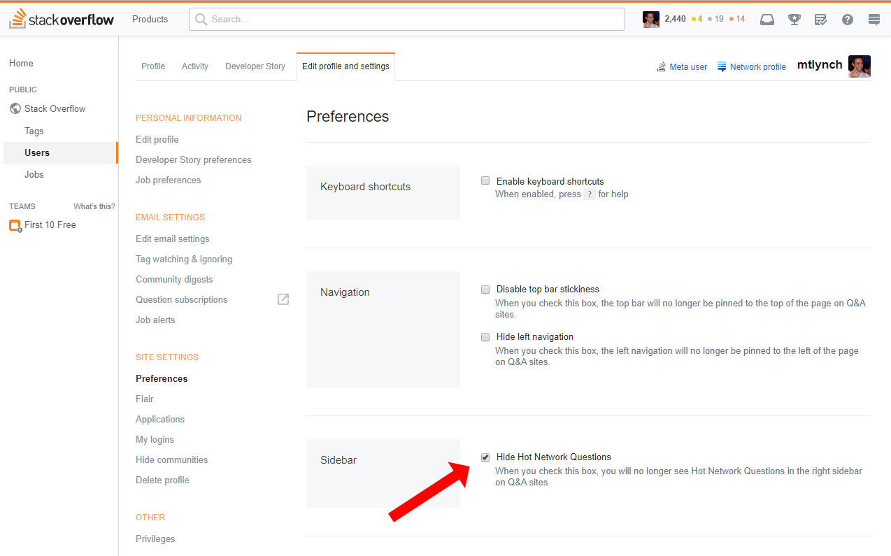 Screenshot of StackOverflow's settings page