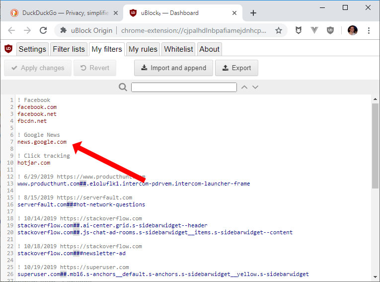 Adding Google News as a blocked site in uBlock Origin