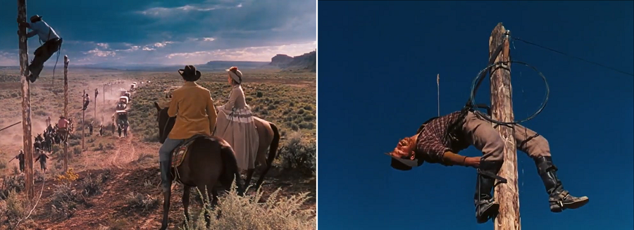 Jeffrey Hunter: Colagem de duas cenas do filme Ford 'The Searchers' mostrando a instalação de linhas telegráficas no Velho Oeste e um homem pendurado em um poste.