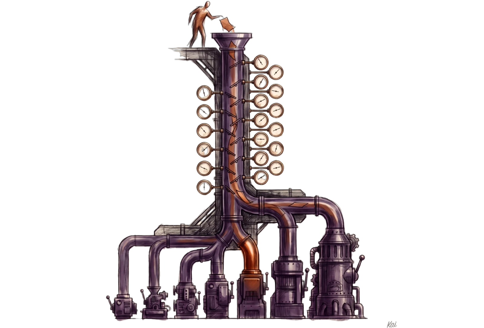 Charcoal cutaway of a tall sorting tube: a figure drops a slip into the funnel, eighteen gauges along the tube steer it, and it drops into the fifth of seven machines that grow larger from left to right