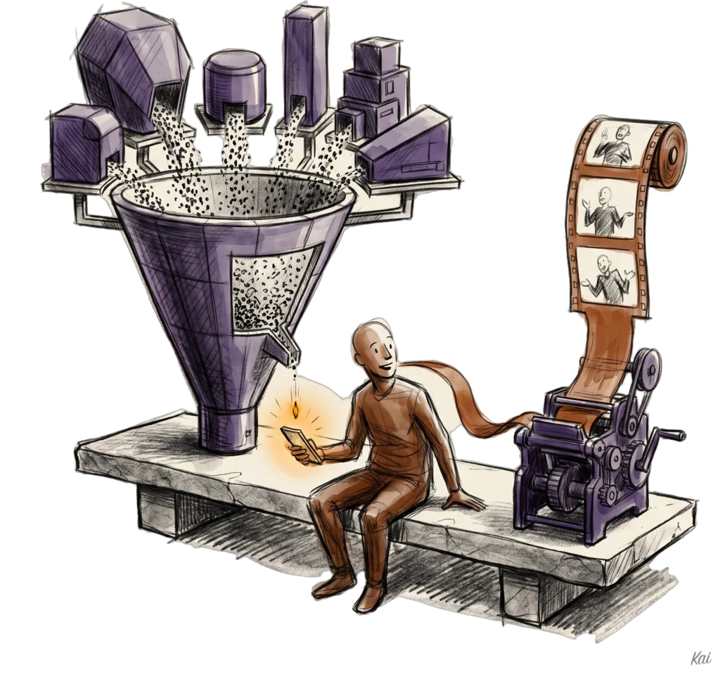 Purple machines pour signals into a funnel that lets one spark fall onto a seated figure's phone, while a ribbon from his mouth feeds a projector that turns it into film