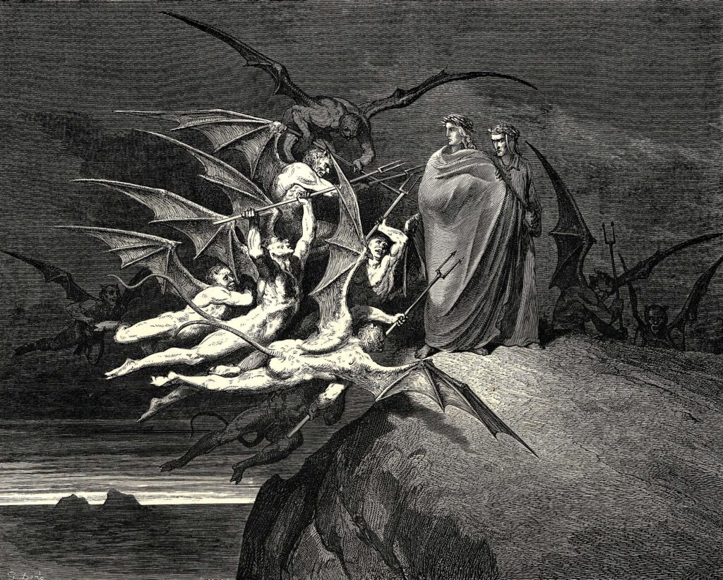 Dante Alighieri, Virgílio: Gravura de Gustave Doré ilustrando a Divina Comédia de Dante, mostrando Dante e Virgílio observando demônios no Inferno.