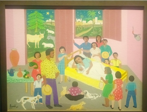 Ivone (Ivonaldo Veloso de Melo): Uma pintura de arte naïf brasileira retratando uma cena de nascimento ou maternidade, com várias pessoas, crianças e animais ao redor de uma mulher com um bebê em uma cama.