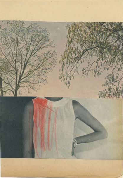 unknown: Uma colagem artística surrealista composta por duas imagens sobrepostas: na parte superior, árvores contra um céu claro; na inferior, o tronco de uma mulher com uma mancha vermelha desenhada sobre a roupa branca.