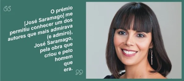 Adriana Lisboa: Retrato de uma mulher sorrindo ao lado de uma citação sobre o prêmio José Saramago.